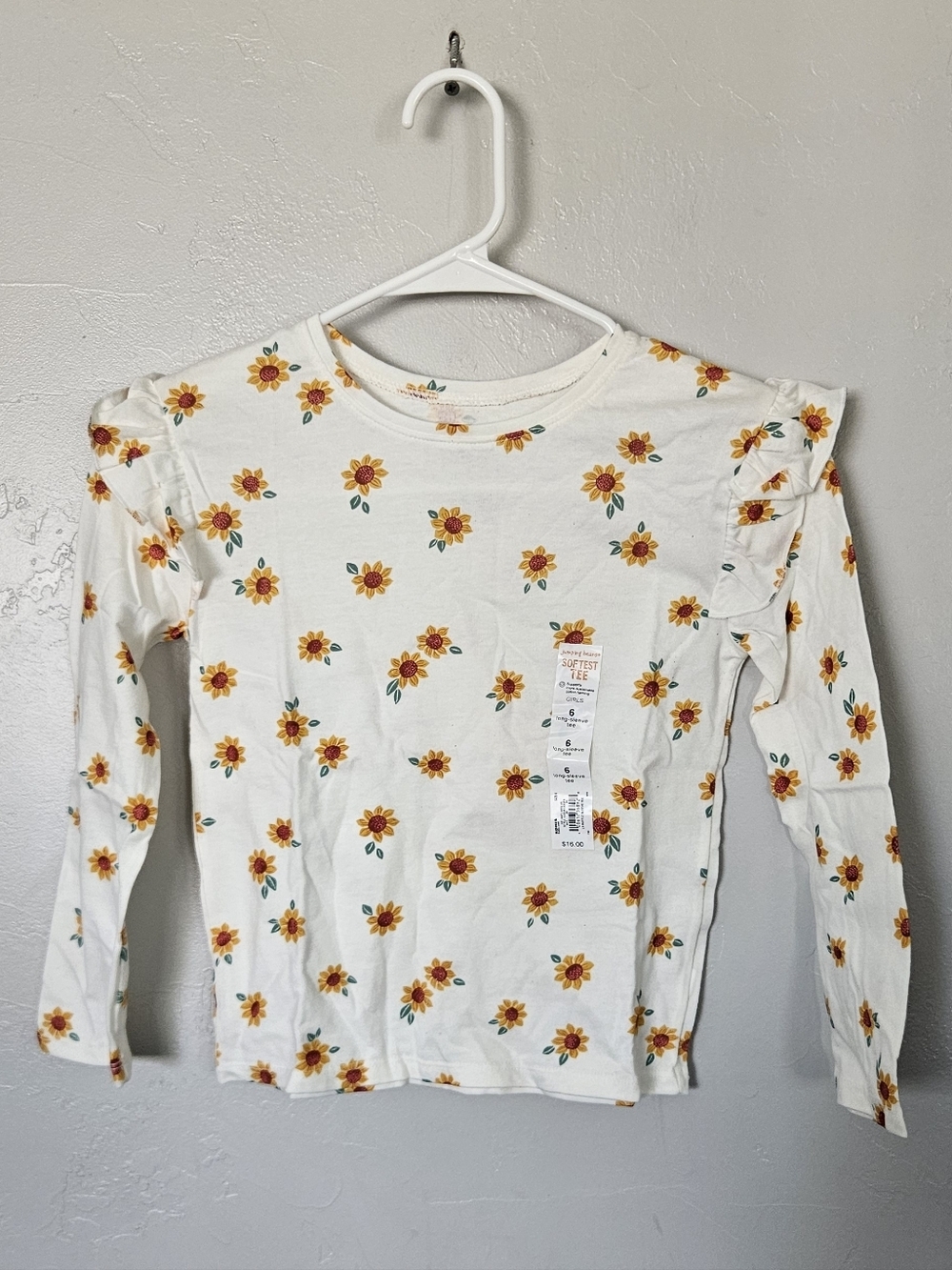 Jumping Beans NWT Girls 6 White Long Sleeve Top Yellow Sunflower Print Softest